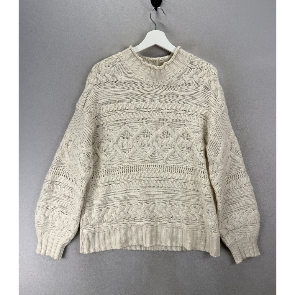 Simplee Cable Knit Sweater Women Large Cream Boho Aran Chunky Cozy Pullover L